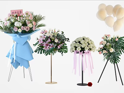 Elegant Flower Arrangements with Pink White Blooms Blue Wrapping Pink Ribbons Green Palm Leaves and Metal Tripod Stands 3d model