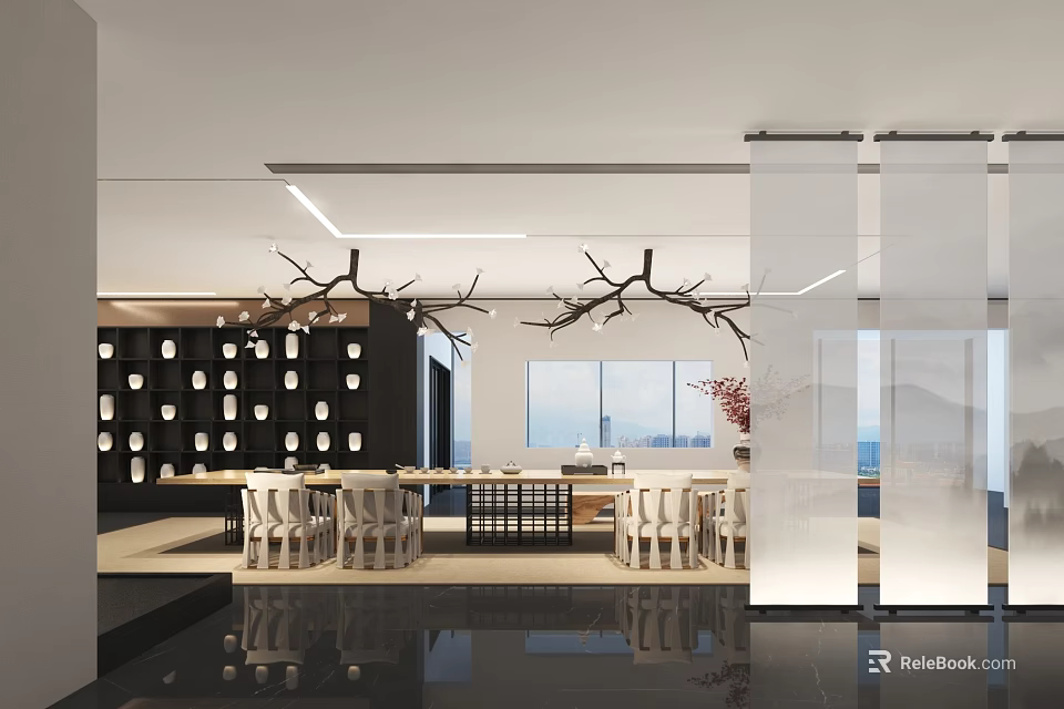 Modern Leisure Area Interior With Branch Lighting Table Chairs And Glass Partitions 3d model 
