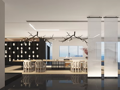 Modern Leisure Area Interior With Branch Lighting Table Chairs And Glass Partitions 3d model