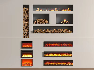 Various Built in Fireplace Designs With Wood Logs And Realistic Flame Effects 3d model