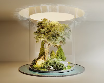Indoor Landscape With Circular Display Area Large Tree Shrubs Stones And Overhead Light Fixture 3d model