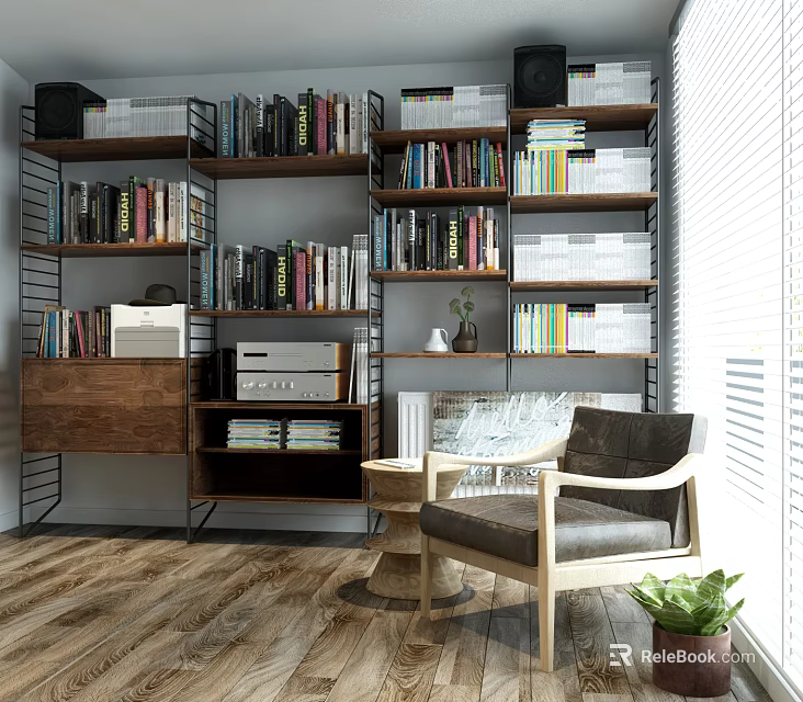 Modern Bookshelf Interior With Multiple Shelves Filled With Books Natural Light Chair And Potted Plant 3d model 