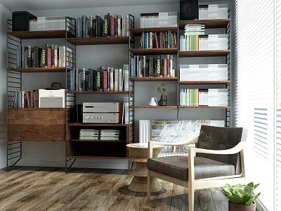 Modern Bookshelf Interior With Multiple Shelves Filled With Books Natural Light Chair And Potted Plant 3d model