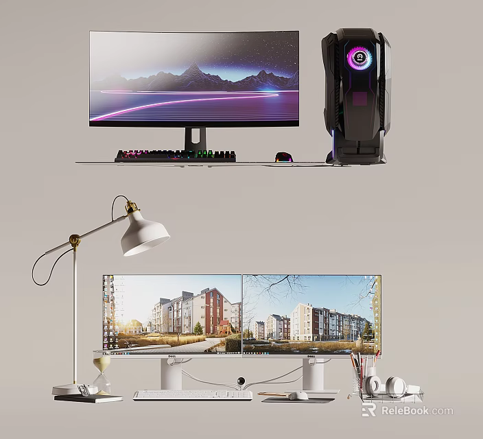 Dual Monitor Desktop Setup With RGB PC Case Mechanical Keyboard And Gaming Mouse 3d model 