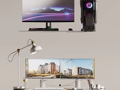 Dual Monitor Desktop Setup With RGB PC Case Mechanical Keyboard And Gaming Mouse 3d model