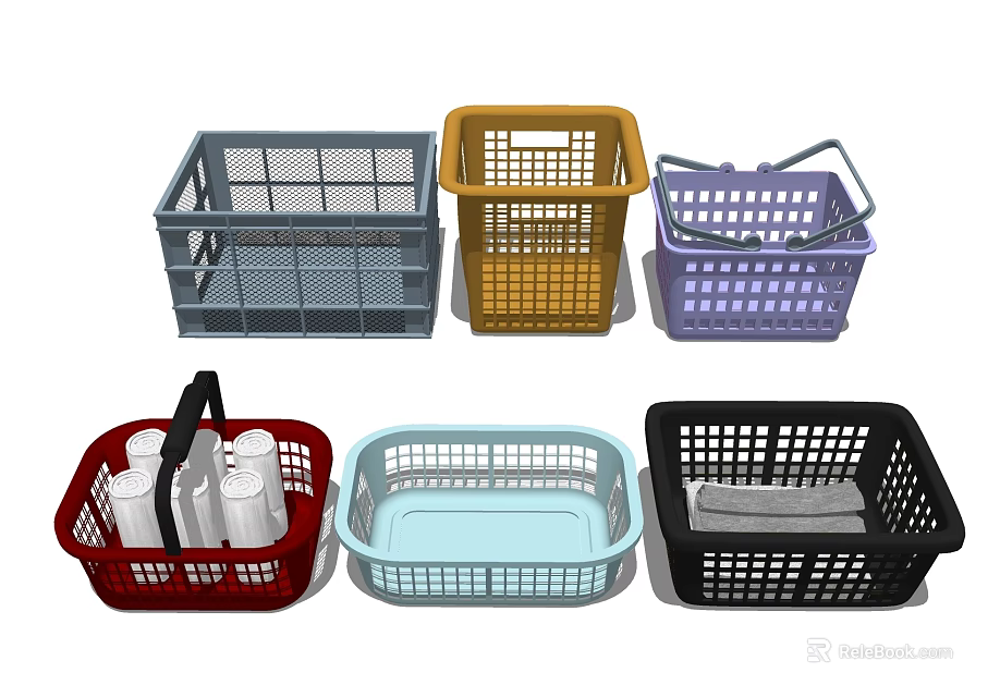 Colorful Plastic Storage Baskets With Handles In Various Shapes And Sizes 3d model 