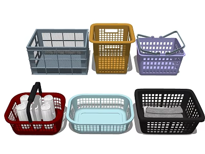 Colorful Plastic Storage Baskets With Handles In Various Shapes And Sizes 3d model