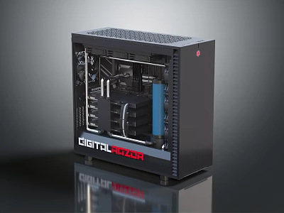 DIGITAL FUSION Black Computer Case With Blue Cooling Fan And Internal Hardware 3d model