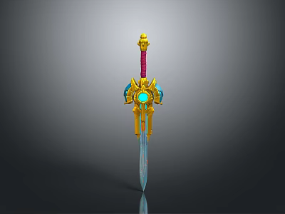 Golden Ornate Sword Featuring Red Hilt Blue Gemstone Shiny Blade And Decorative Design 3d model
