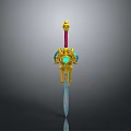 Golden Ornate Sword Featuring Red Hilt Blue Gemstone Shiny Blade And Decorative Design