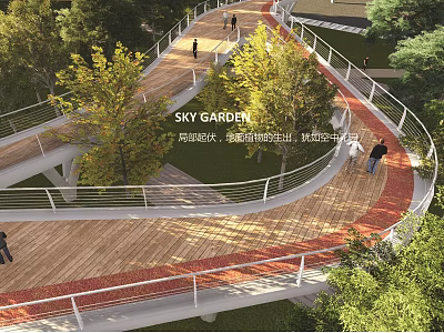 Elevated Sky Garden Walkway With Wooden Deck Curved Design And Pedestrians 3d model