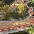 Elevated Sky Garden Walkway With Wooden Deck Curved Design And Pedestrians