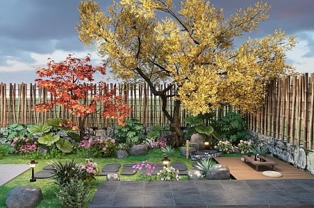 New Chinese Courtyard Landscape Plants Outdoor Tea Table Tea Table Water Stone Flowers and Plants Green Plant Pile 3d model