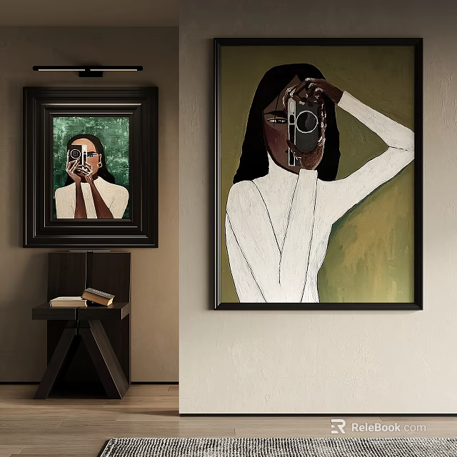 Framed Portrait Paintings of Women With Camera and Hand Covering Face on Wall and Table 3d model 