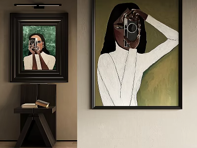 Framed Portrait Paintings of Women With Camera and Hand Covering Face on Wall and Table 3d model