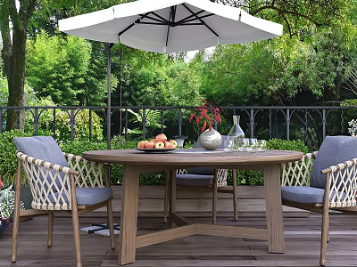 Outdoor Patio Table with Chairs White Umbrella and Fruits Vase Wine Glasses Surrounded by Trees 3d model