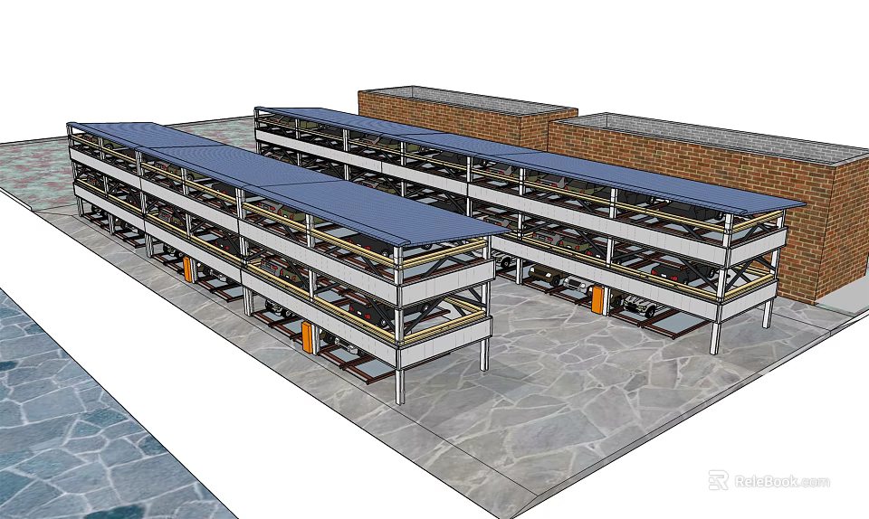 Outdoor Multi Level Metal Frame Structure With Blue Awning And Supporting System On Paved Ground 3d model
