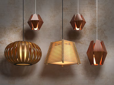 Modern Pendant Lights With Wooden Woven And Geometric Shapes On Textured Gray Wall 3d model
