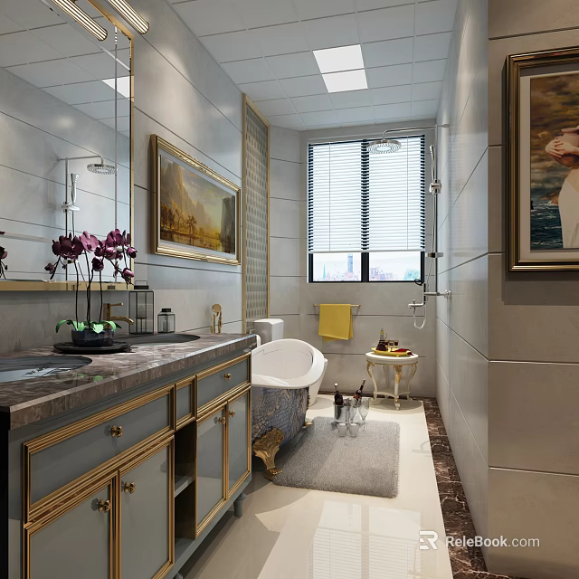 Elegant Light Luxury Bathroom With Marble Double Sink Vanity And Freestanding Bathtub Design 3d model 