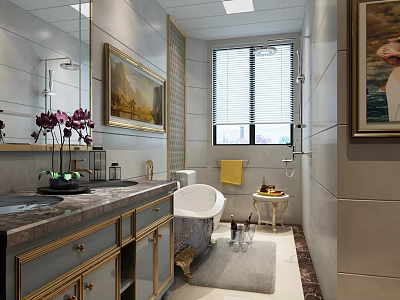 Elegant Light Luxury Bathroom With Marble Double Sink Vanity And Freestanding Bathtub Design 3d model