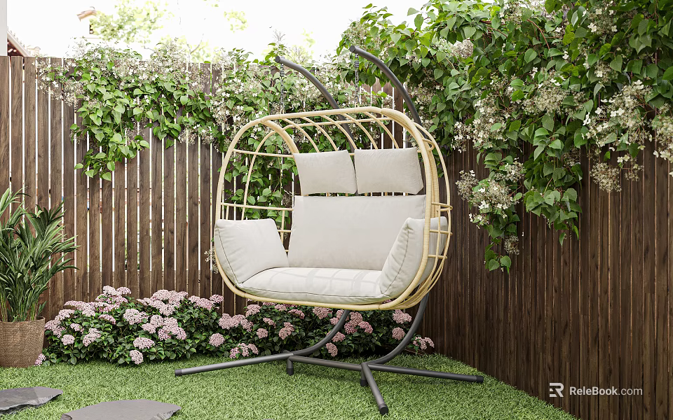 Outdoor Swing Chair with Golden Frame Light Cushions Green Vines Pink Flowers and Grass 3d model 