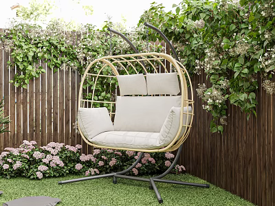 Outdoor Swing Chair with Golden Frame Light Cushions Green Vines Pink Flowers and Grass 3d model