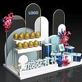 Promotion Event Setup With Golden Eggs Gift Boxes Floral Decor And LOGO