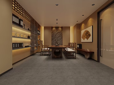 Traditional Tea House Interior With Wooden Furniture Decorative Wall Art And Warm Lighting 3d model