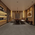 Traditional Tea House Interior With Wooden Furniture Decorative Wall Art And Warm Lighting