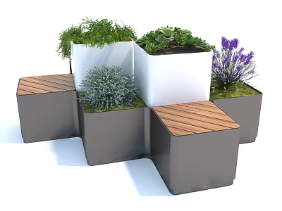 Outdoor Chair Featuring Cube Structure Wooden Seats and Surrounding Green Plants Lavender Succulents 3d model