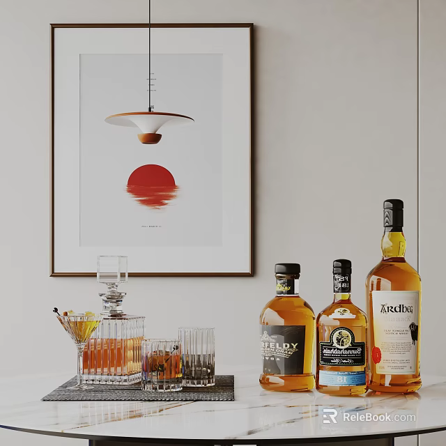Wine Bottles And Glasses Arranged With Hanging Lamp And Red Sun Wall Art 3d model 