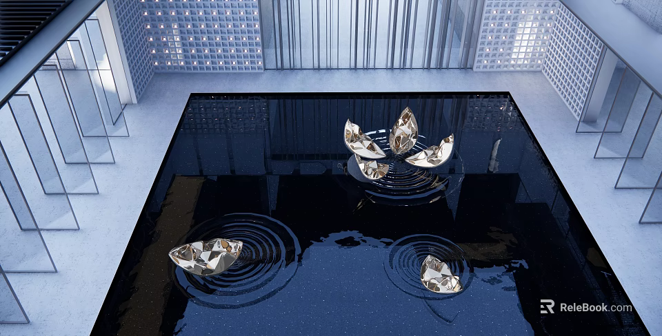 Metallic Sculptures in Water Pool with Ripples and Reflective Surface 3d model 