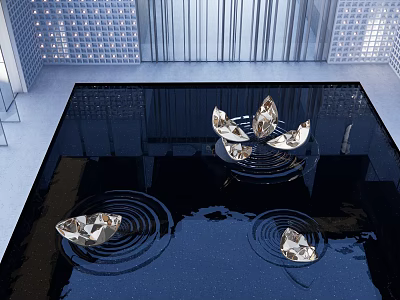 Metallic Sculptures in Water Pool with Ripples and Reflective Surface 3d model