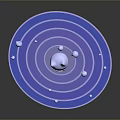 Abstract Blue And Purple Disc Model With Concentric Circles White Cubes And Central Object