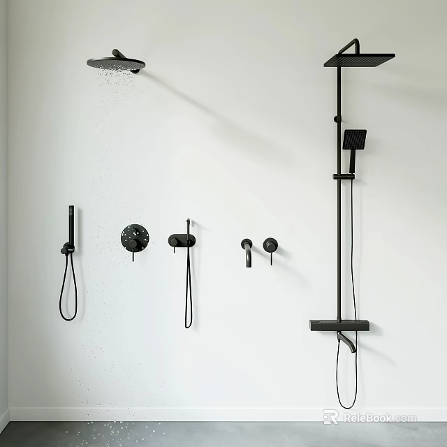 Black Shower System with Handheld Overhead Heads and Controls Mounted on White Wall 3d model 