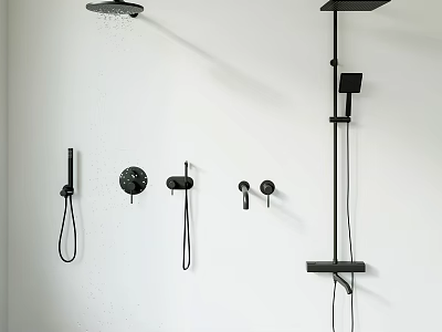Black Shower System with Handheld Overhead Heads and Controls Mounted on White Wall 3d model