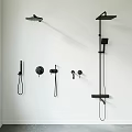 Black Shower System with Handheld Overhead Heads and Controls Mounted on White Wall