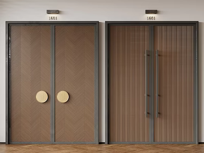 Stylish Double Doors Featuring Herringbone Wood Panel Mesh Design Brass Knobs And Long Handles 3d model