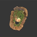 Modern Natural Landscape Model With Rocky Terrain Green Grass And Small Bridge Structure