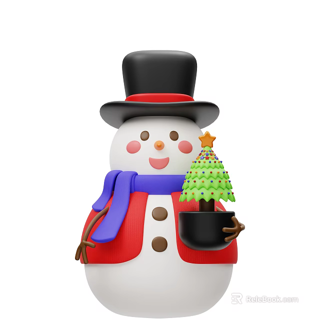 Cute Snowman Figure Wearing Black Top Hat Red Scarf Holding Small Decorated Christmas Tree 3d model 