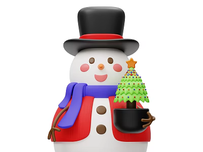 Cute Snowman Figure Wearing Black Top Hat Red Scarf Holding Small Decorated Christmas Tree 3d model