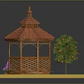 Wooden Garden Gazebo With Red Tile Roof On Green Grass And Tree With Purple Flowers