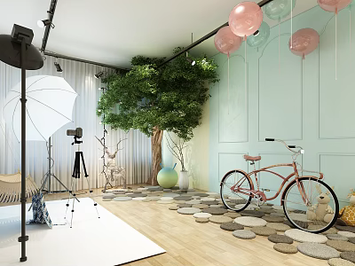 Photography Studio With Balloons Tree Pink Bicycle Pebble Floor And Light Green Wall 3d model