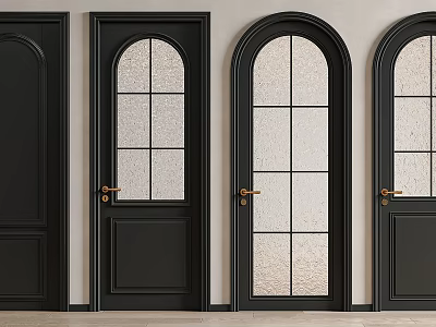 Modern Black Hinged Doors With Arched Rectangular Frosted Glass Panels And Brass Handles 3d model