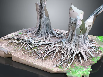 Wooden Stone Tree Stumps With Exposed Roots Green Foliage And Natural Base 3d model