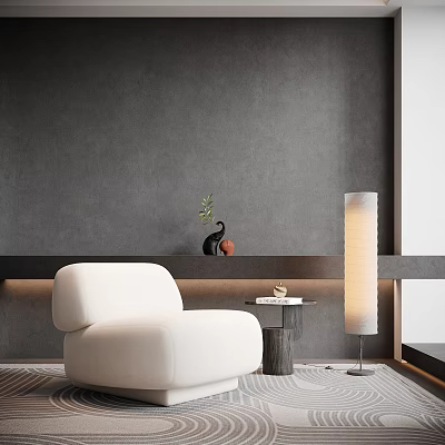 Modern White Single-Seater Sofa With Gray Wall Side Table Floor Lamp And Green Plant 3d model