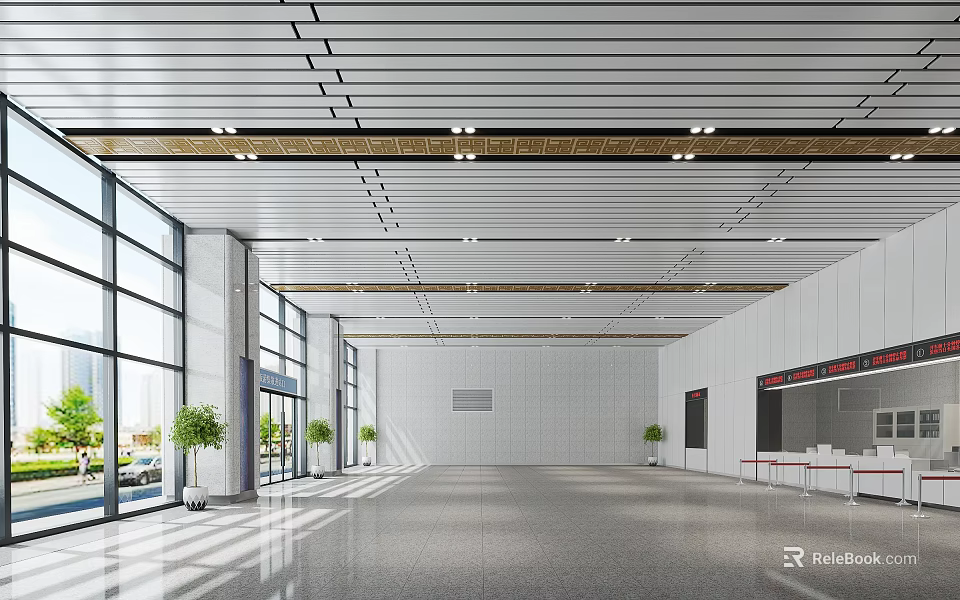 Modern Station Interior Design With Spacious Hall Large Windows Green Plants And Service Counter 3d model 