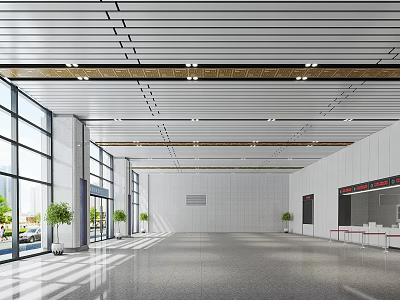 Modern Station Interior Design With Spacious Hall Large Windows Green Plants And Service Counter 3d model