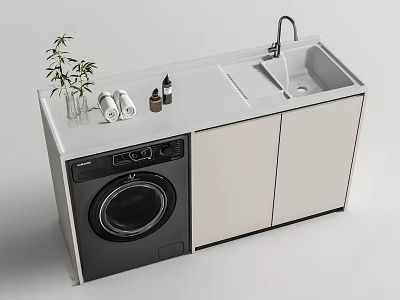 Modern Black Washing Machine In Laundry Area With Sink Cabinet And Toiletries 3d model