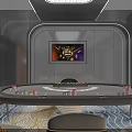 Modern Lounge Interior With Gray Sofa Orange Chairs Wooden Table And Patterned Carpet Lighting